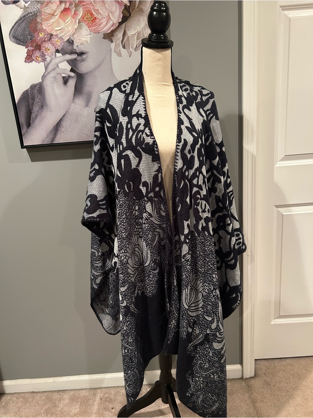 Blue and Gray Floral Knit Draped Shawl